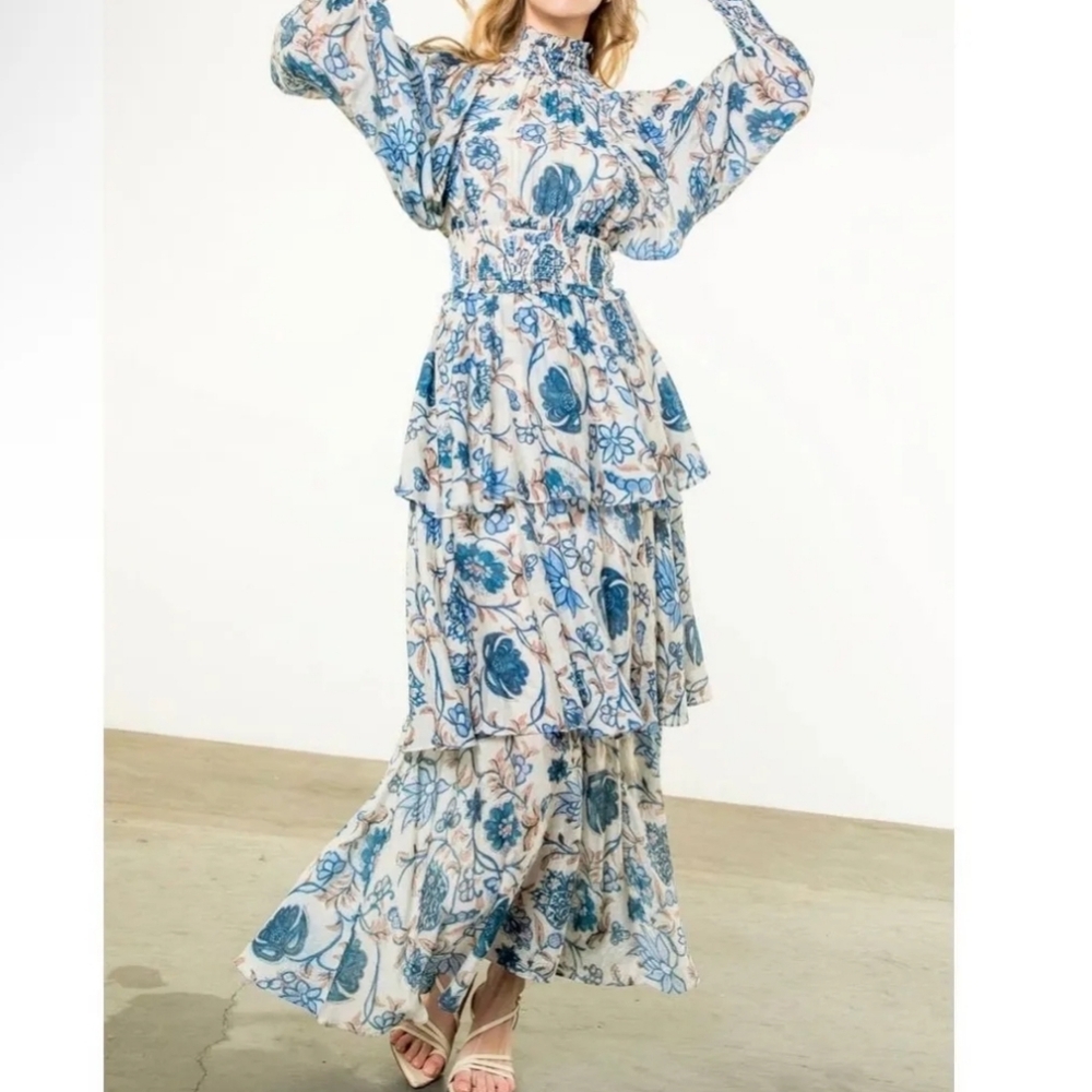 Blue and White Floral Tiered Maxi Dress M New!